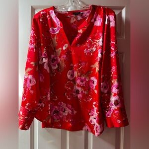 Talbots Red Floral V-Neck Women's Top with Pink Accent Flowers